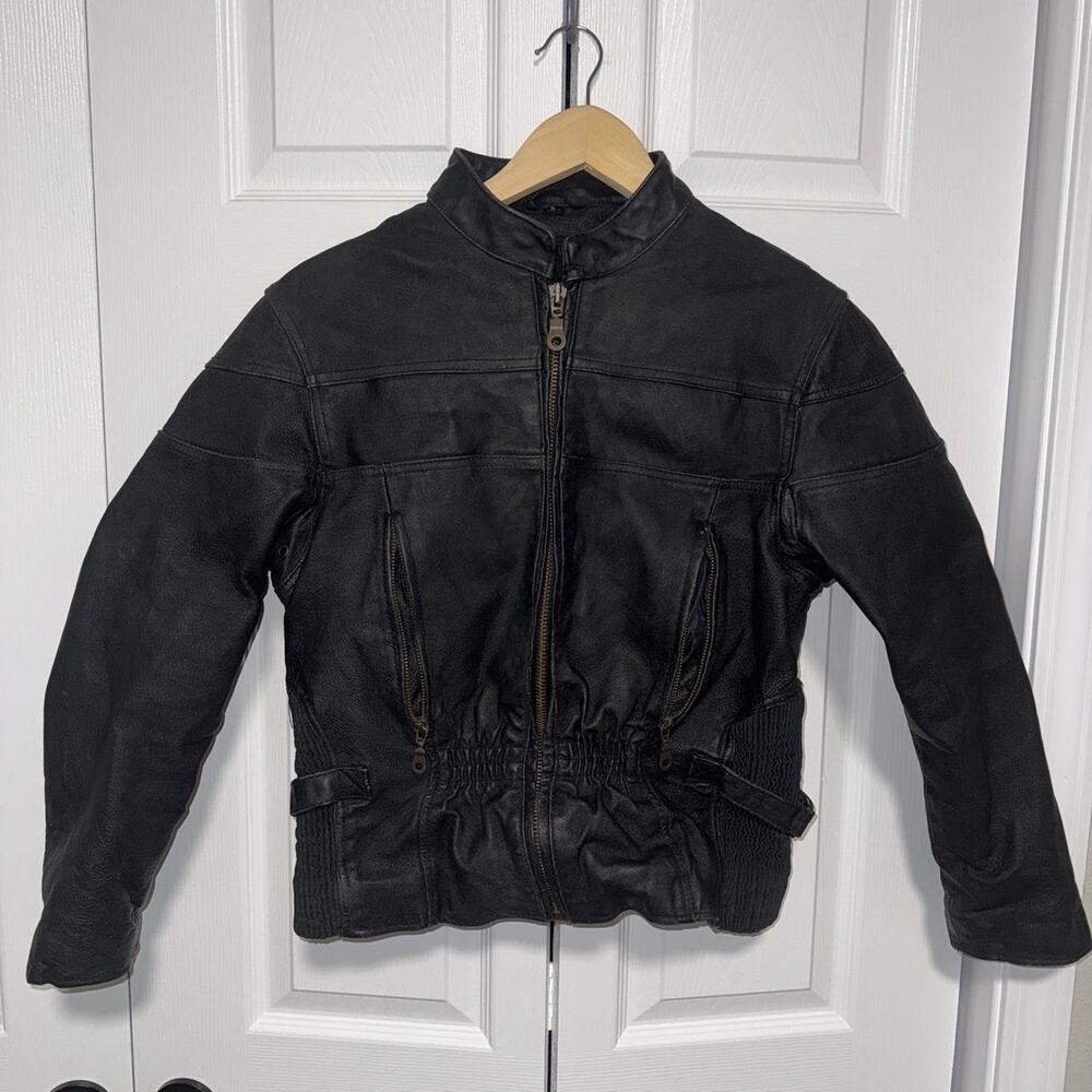 Vintage black leather motorcycle biker jacket size small